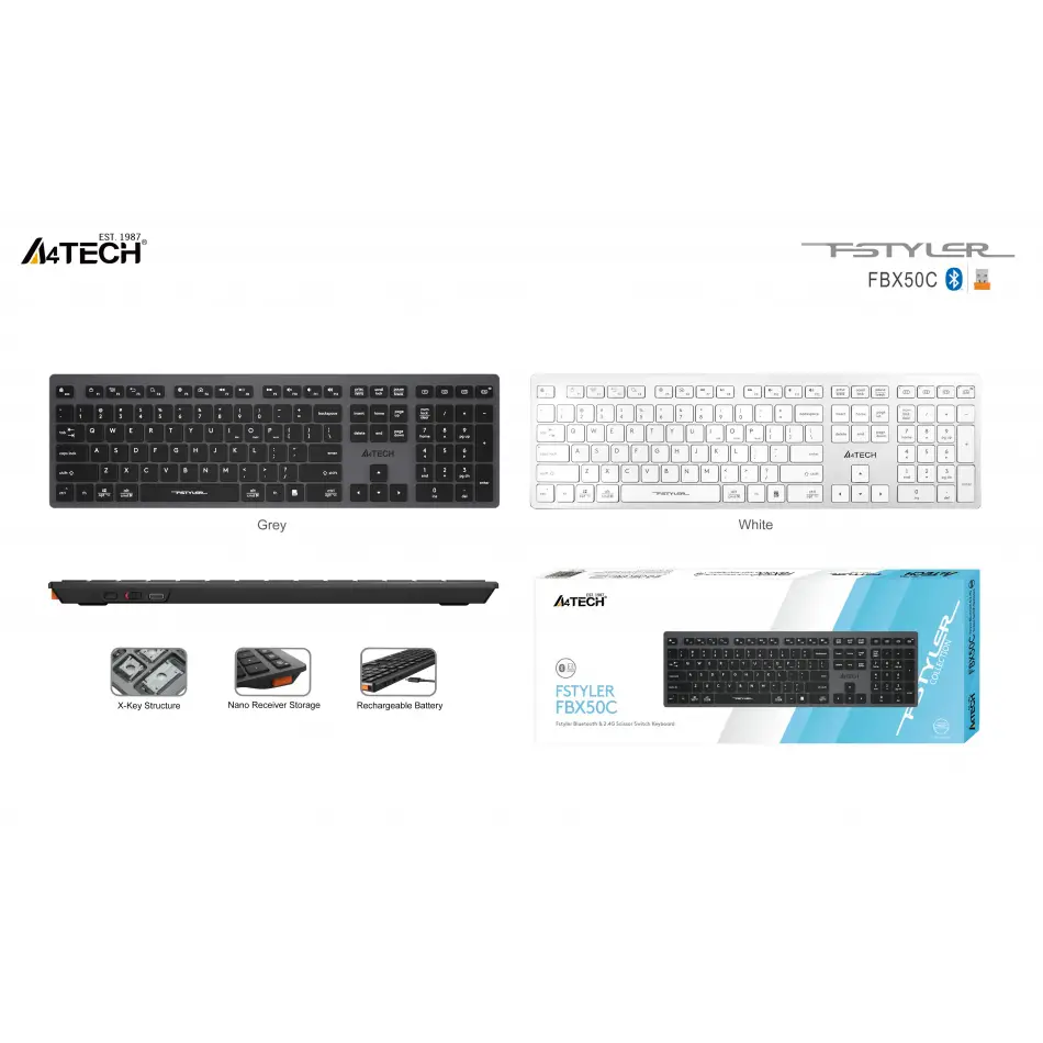 A4 Tech Fbx50c Bluetooth Q Şarjlı Beyaz Klavye