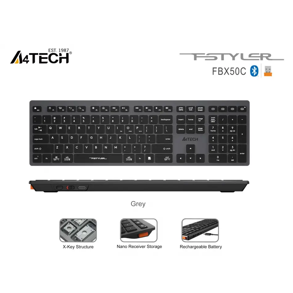 A4 Tech Fbx50c Bluetooth Q Şarjlı Gri Klavye