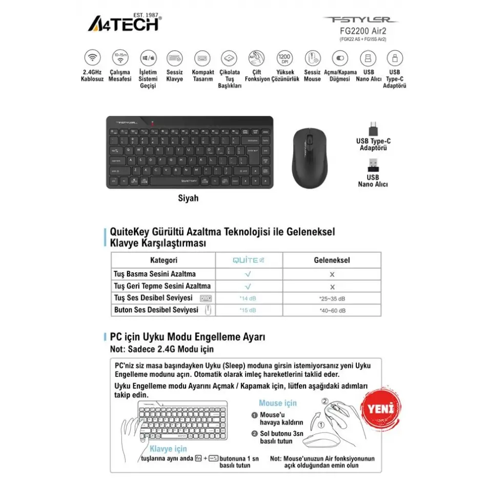 A4 Tech Fg2200 Aır2 2.4 Siyah Qmini Fn-mm Kablosuz Sessiz Set