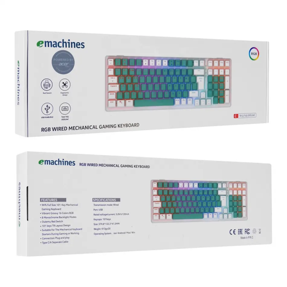 Acer Emachines, Eak100, Yeşil/beyaz, Usb Kablolu, Rgb Backlight, Red Switch, Mekanik, Türkçe Q, 100 Tuşlu, Gaming Klavye