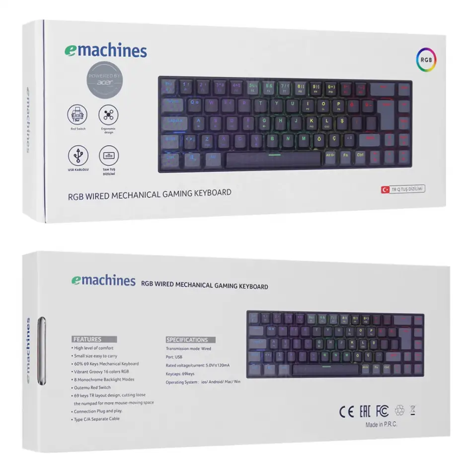 Acer Emachines, Eak68, Siyah/gri, Usb Kablolu, Rgb Backlight, Red Switch, Mekanik, Türkçe Q, 68 Tuşlu, Gaming Klavye