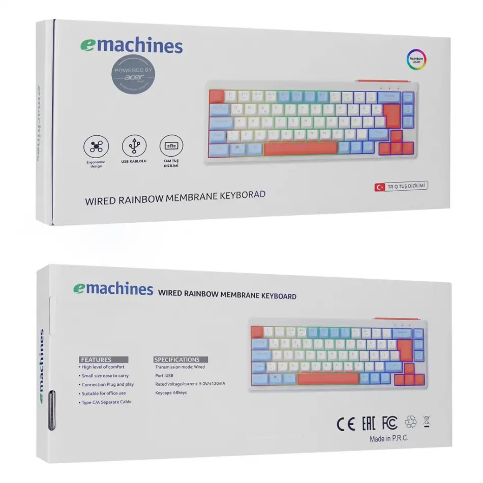 Acer Emachines, Eak810, Beyaz, Usb Kablolu, Rainbow Backlight, Membran Renkli Tuşlar, Türkçe Q, 68 Tuşlu, Gaming Klavye