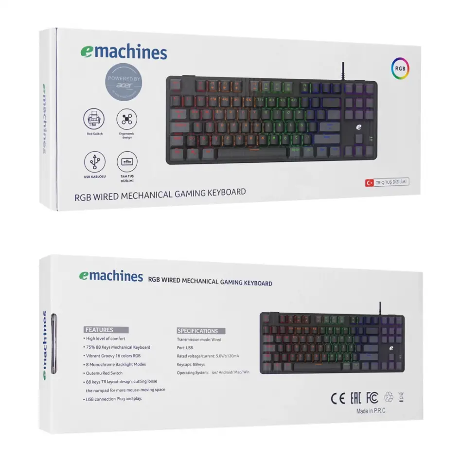 Acer Emachines, Eak87, Siyah/gri, Usb Kablolu, Rgb Backlight, Red Switch, Mekanik, Türkçe Q, 87 Tuşlu, Gaming Klavye
