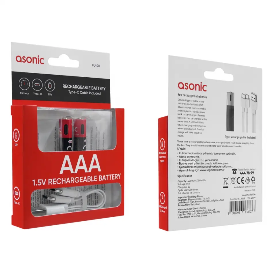 Asonıc Pl400, Aaa, Şarjlı Pil, 1.5volt, 400mah/750mwh, Type-c İle Kolay Şarj,  2 Li Paket (usb To Type-c Kablo Hediye)