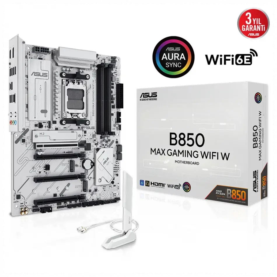 Asus B850 Max Gamıng Wıfı W, 4xddr5, 3x M2, Hdmı, Dp, Type-c, Wi-fi 6e, Bluetooth V5.3, Am5 Soket Gamıng Beyaz Anakart