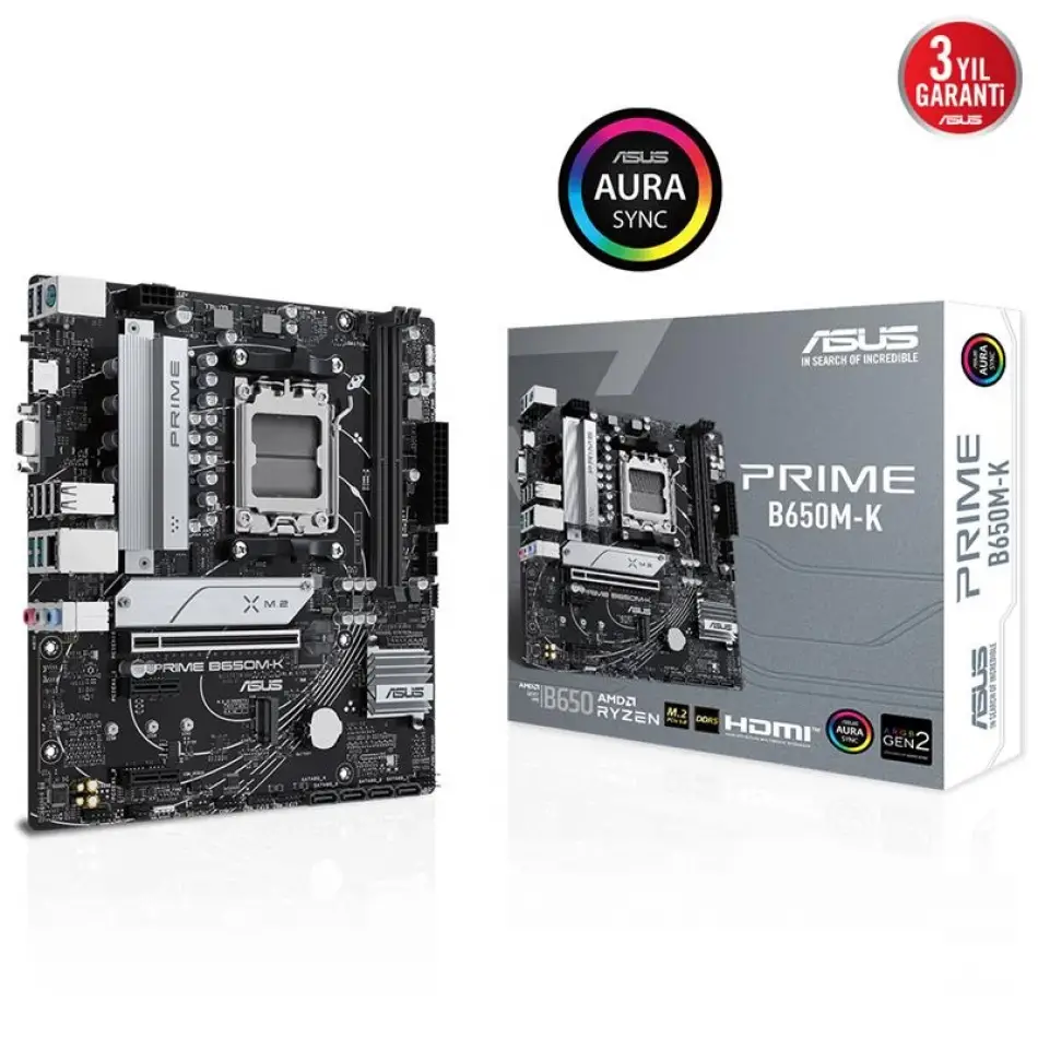 Asus Prıme B650m-k Ddr5 6400mhz 1xvga 1xhdmı 2xm.2 Usb 3.2 Matx Am5 (amd Am5 9000/8000/7000 Serileri İle Uyumlu)