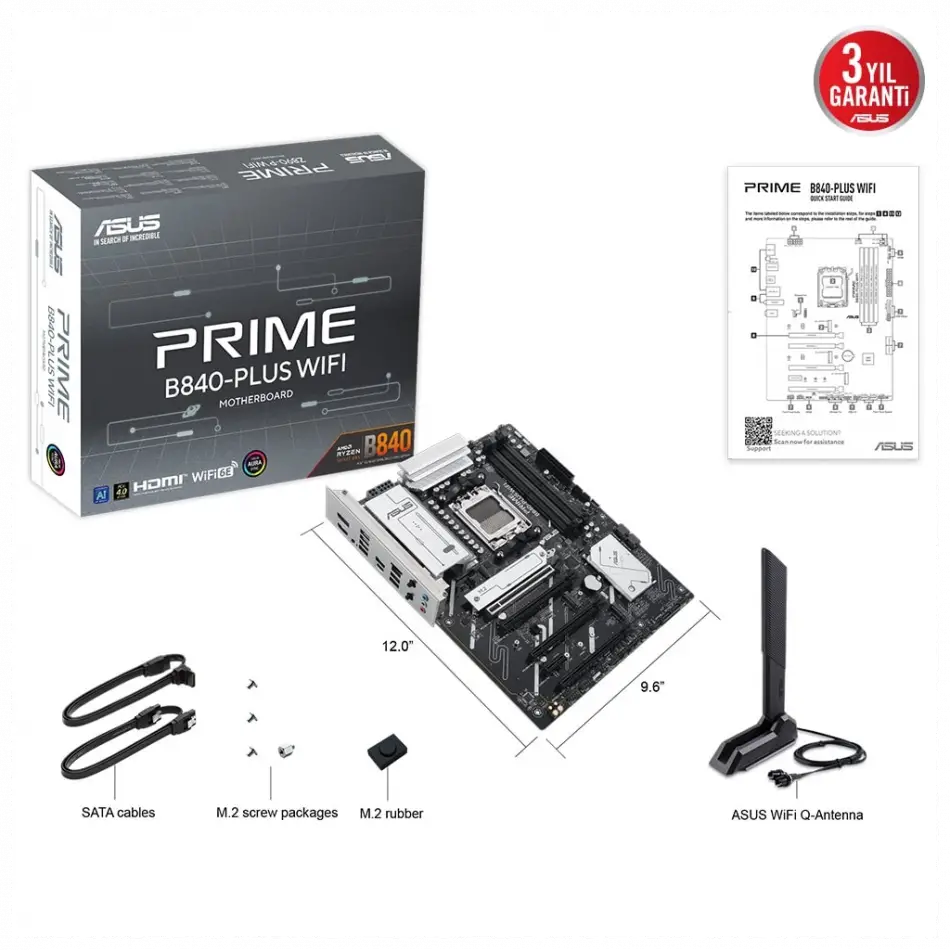 Asus Prıme B840-plus Wıfı, 4xddr5, 3x M.2, Hdmı, Dp, Type-c, Wı-fı 6e, Bluetooth 5.3, Am5 Soket Gamıng Anakart
