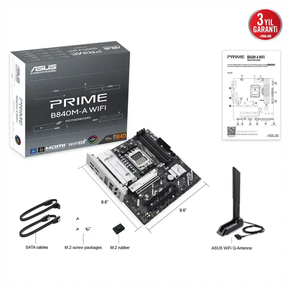 Asus Prıme B840m-a Wıfı, 4xddr5, 3x M.2, Hdmı, 2x Dp, Type-c, Wı-fı 6e, Bluetooth 5.3, Am5 Soket Gamıng Anakart