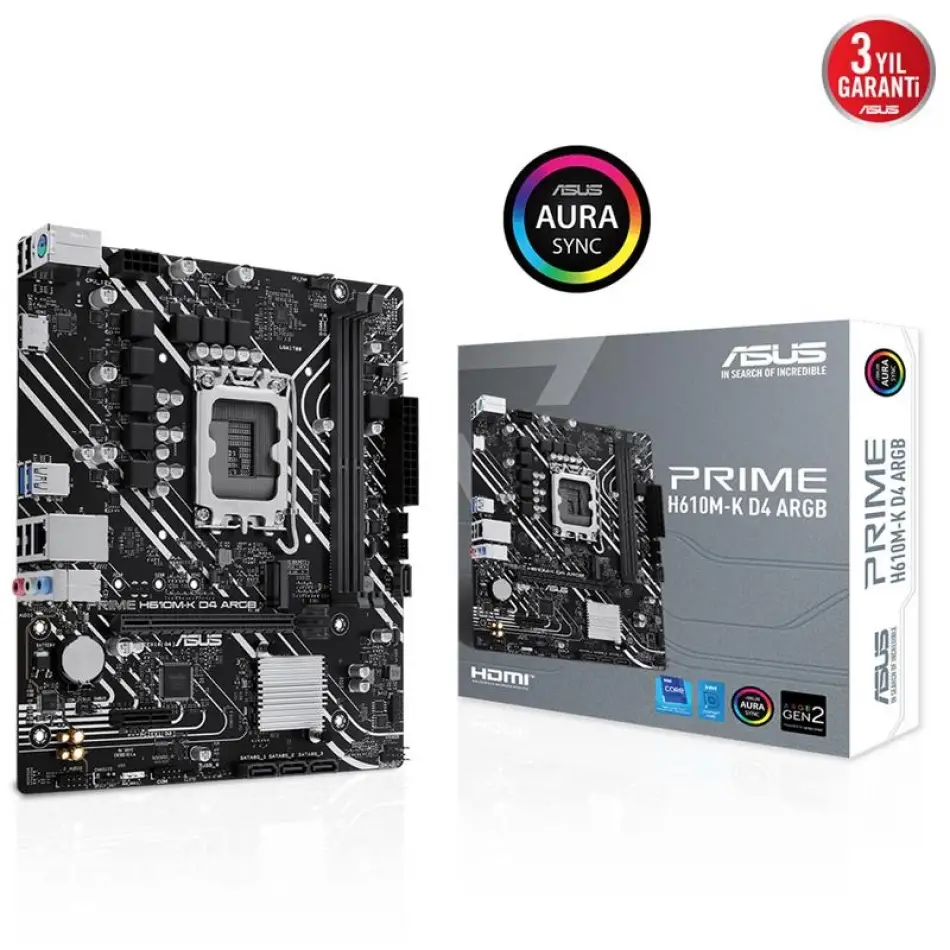 Asus Prıme H610m-k D4 Argb Ddr4 3200mhz 1xhdmı 1xm.2 Usb 3.2 Matx 1700p (12. / 13. Ve 14. Nesil İşlemci Uyumlu)