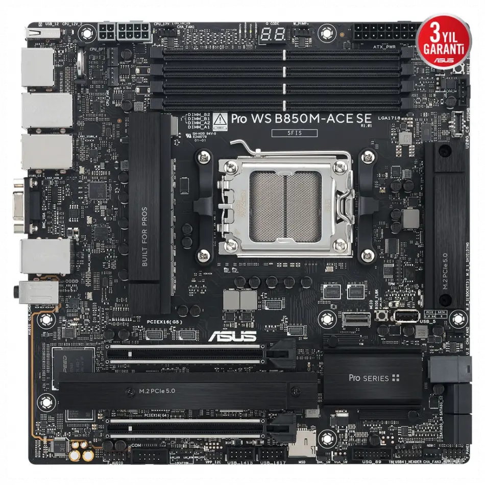 Asus Pro Ws B850m-ace Se, 4xddr5, 2xm.2, Hdmı, Dp, Type-c, D-sub, Pcıe 5.0, Am5 Soket Micro-atx Anakart