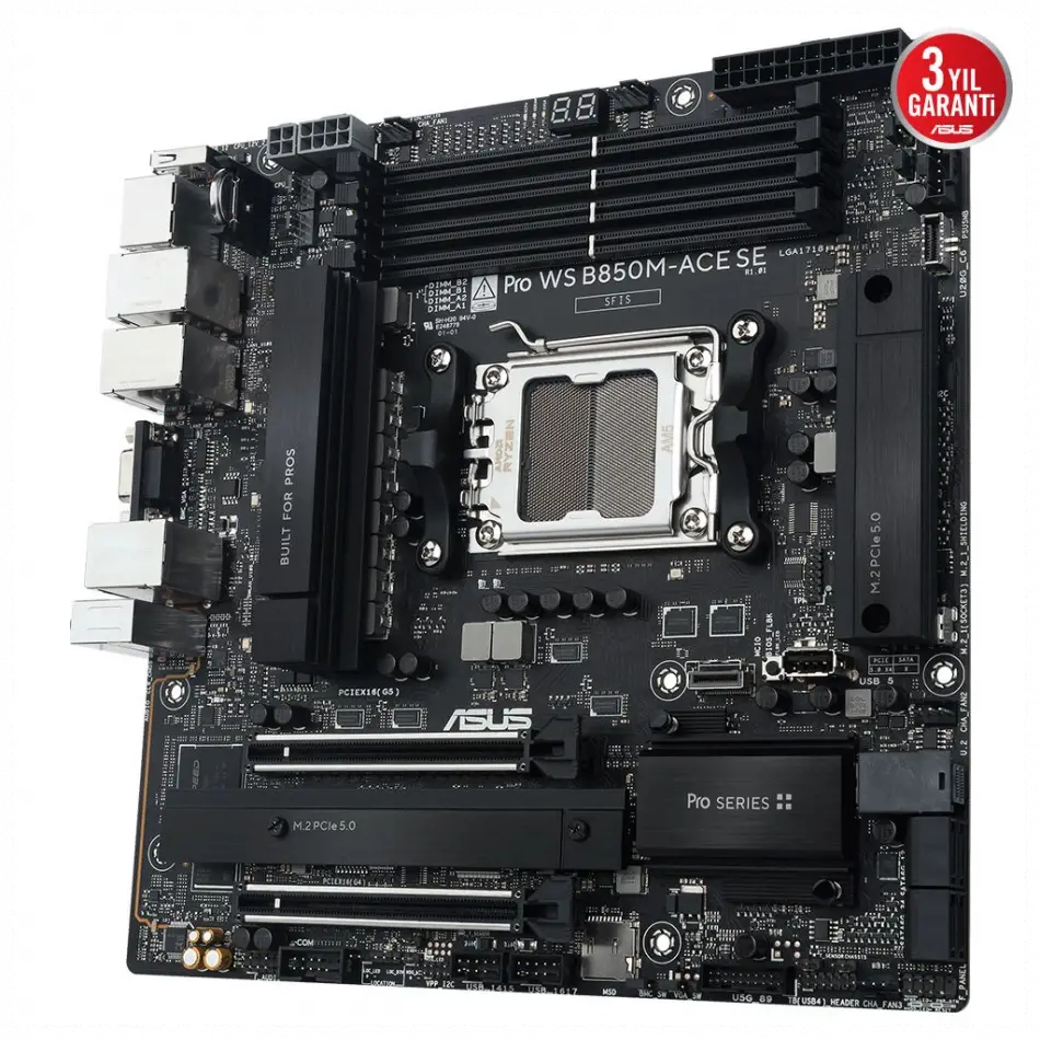 Asus Pro Ws B850m-ace Se, 4xddr5, 2xm.2, Hdmı, Dp, Type-c, D-sub, Pcıe 5.0, Am5 Soket Micro-atx Anakart