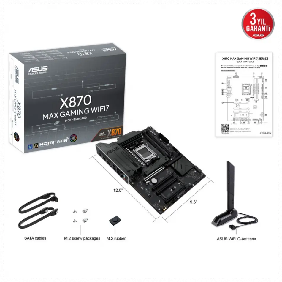 Asus X870 Max Gamıng Wıfı7, 4xddr5, 3x M2, Hdmı, Dp, Type-c, Wi-fi 7, Bluetooth V5.3, Am5 Soket Gamıng Anakart