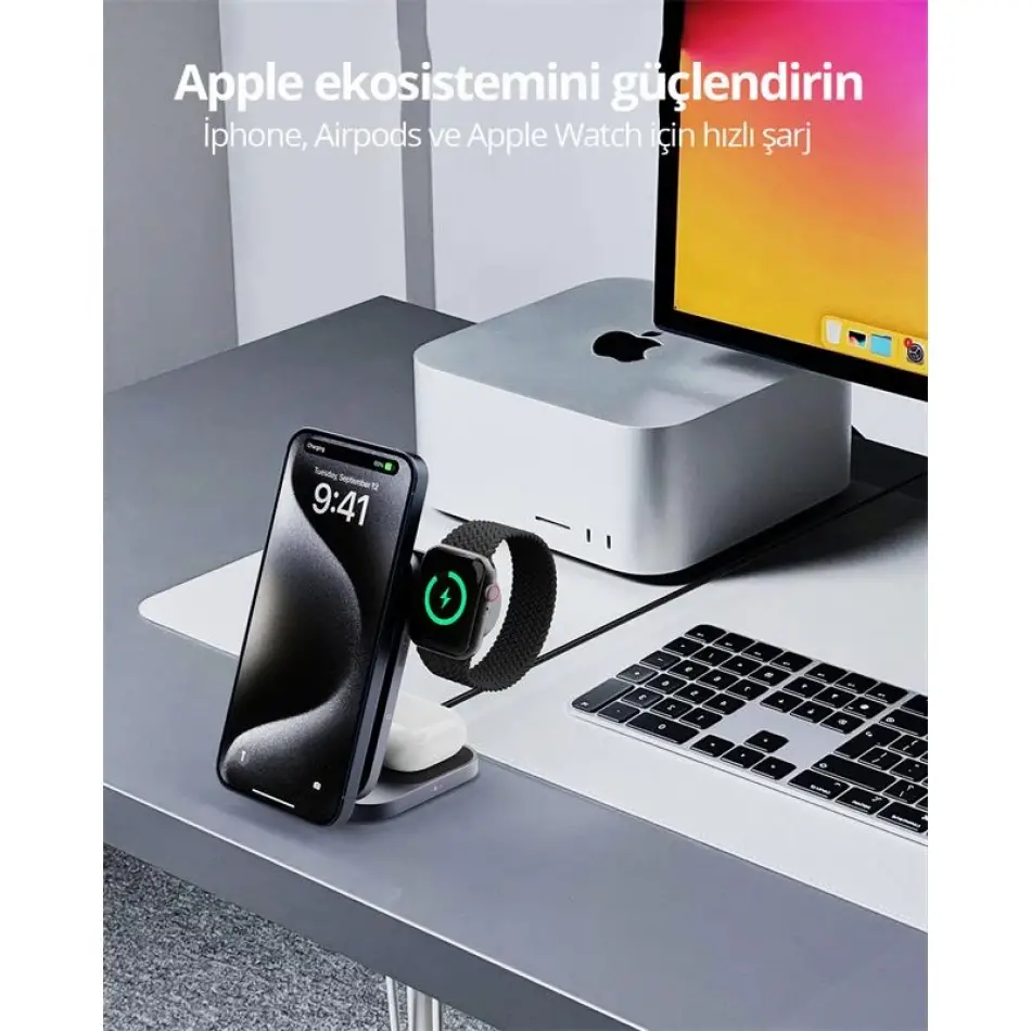 Aukey Lc-mc312-gy Magfusıon Z Qı2 15w Katlanabilir 3 Ü 1 Arada Mıknatıslı Kablosuz Şarj Cihazı