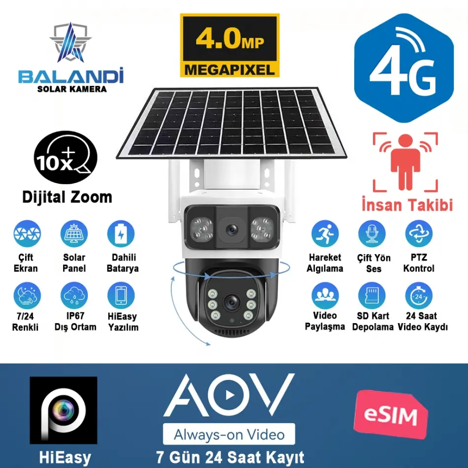 Balandı Pro-8200gıp 4mp 2 Kameralı 4g Aov Esım Solar Kamera, Hıeasy Yazılım