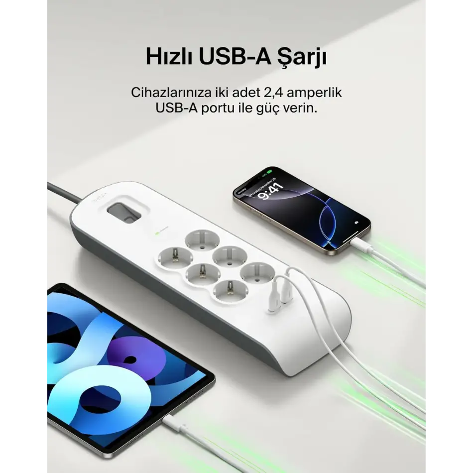 BELKIN BSV604 2 METRE 6LI USBA AKIM KOR. PRIZ