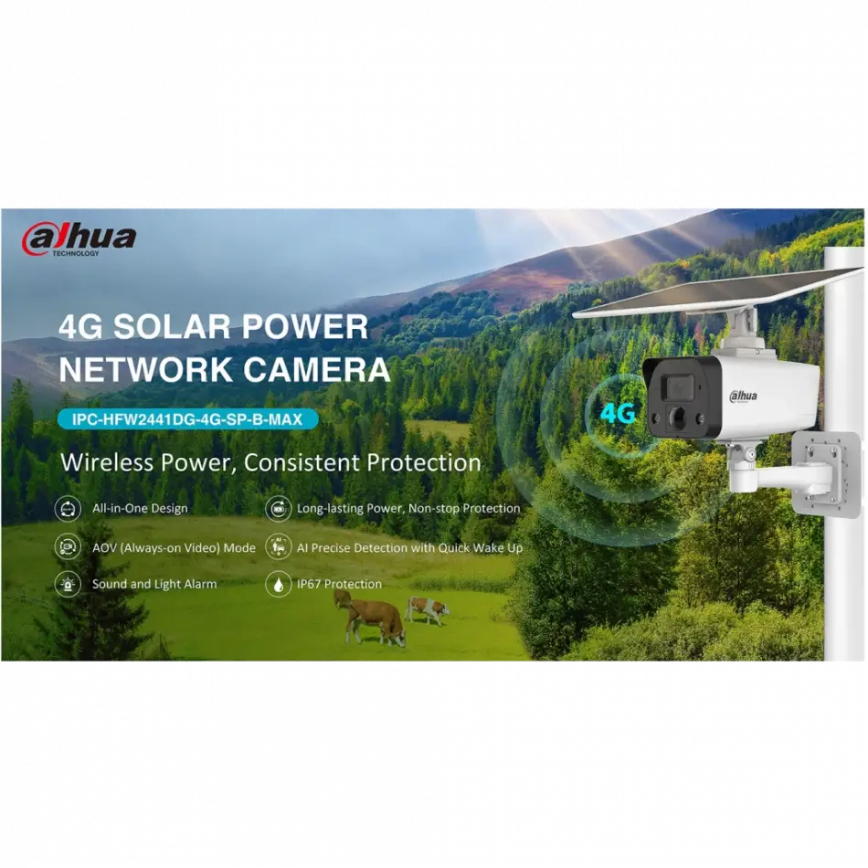 Dahua Ipc-hfw2441dg-4g-sp-b-max, 4mpix, 3,6mm Lens, H265+, 30mt Gece Görüşü, Dahili Mikrofon, Ip67,  Solar(güneş Enerjili) Ip Kamera