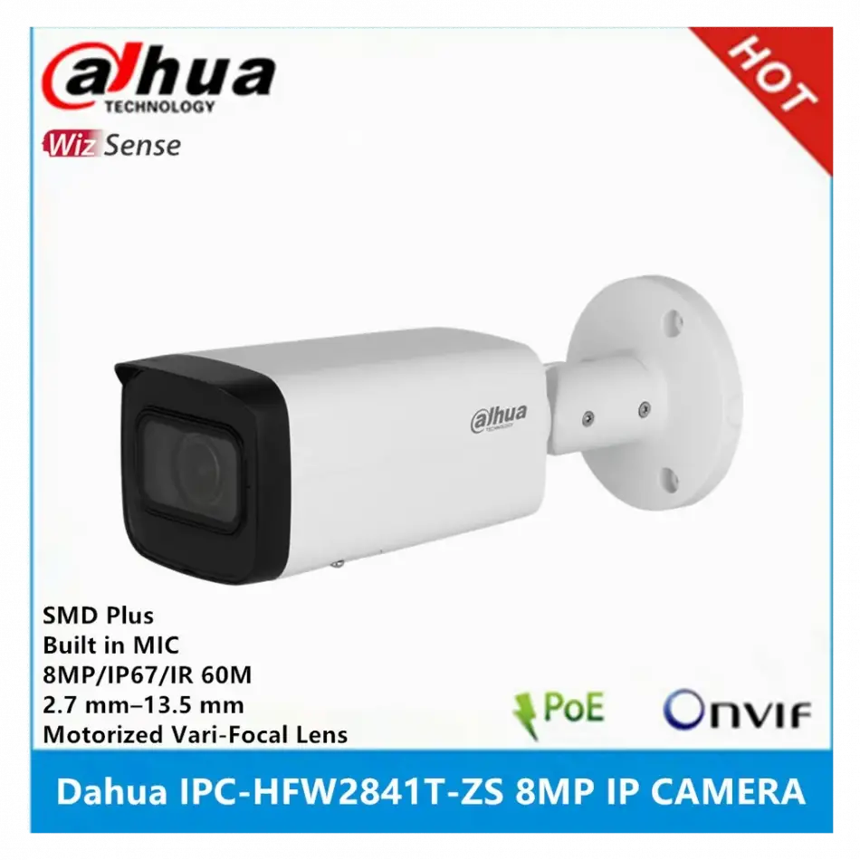 Dahua Ipc-hfw2841t-zas-27135, 8mpix, 2,7-13,5mm Motorize Lens, H265+, 80mt Gece Görüşü, Dahili Mikrofon, Starlight, Ip67,  Poe Bullet Ip Kamera