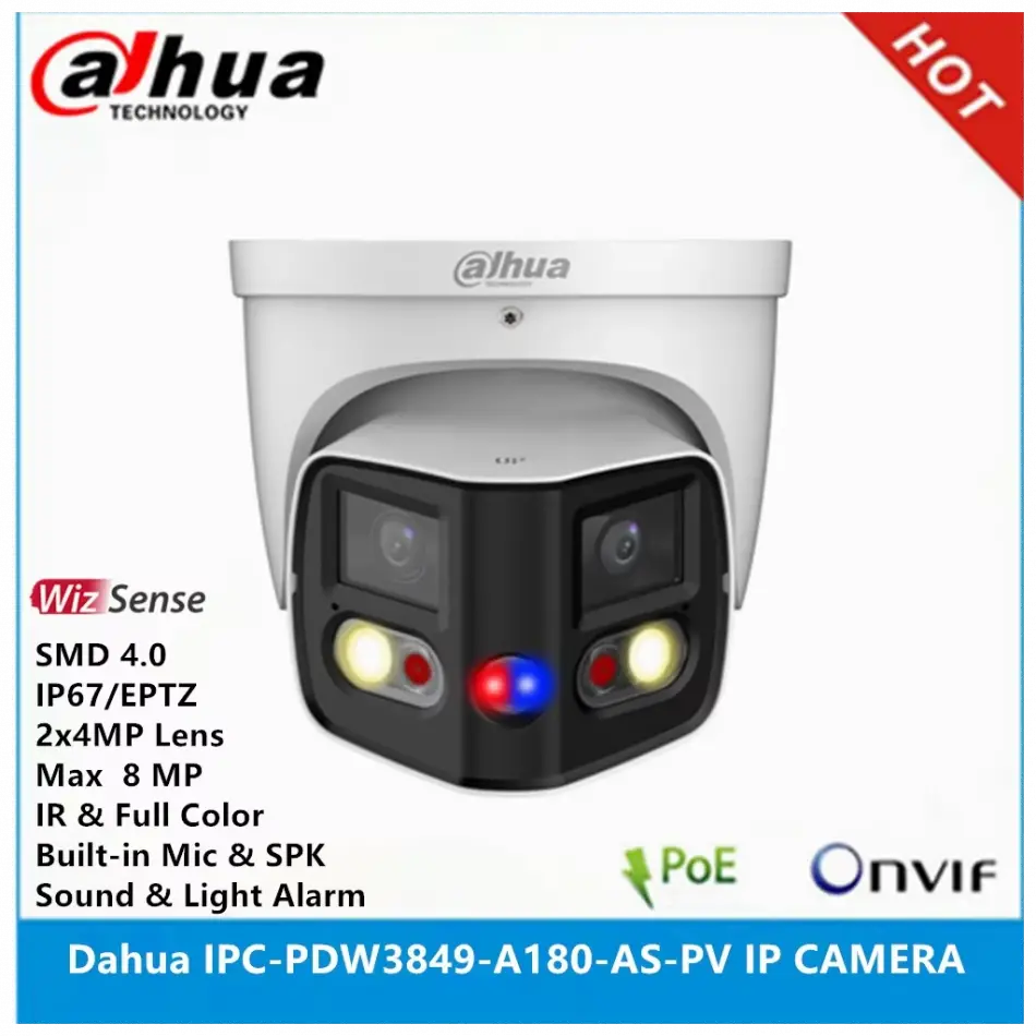 Dahua  Ipc-pdw3849-a180-as-pv, 2x4mpix, 2,8mm Lens, H265+, 25mt Gece Görüşü, Ip67, Dahili Mikrofon, Tioc Duo Süper Geniş Açı Dome Ip Kamera