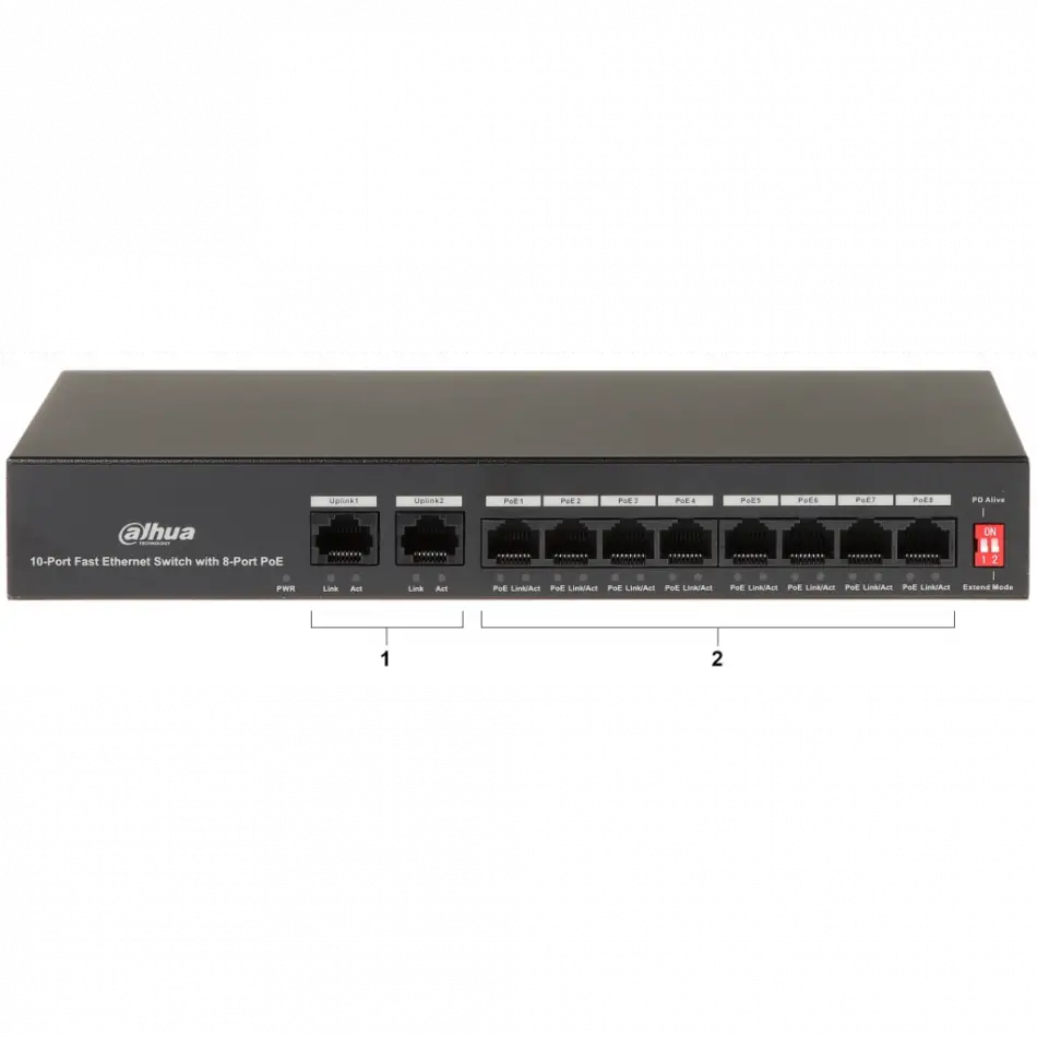 Dahua Pfs3010-8et-65, 8 Port, Megabit, Poe 65w, 2 Port Uplink, Yönetilemez, Masaüstü Switch