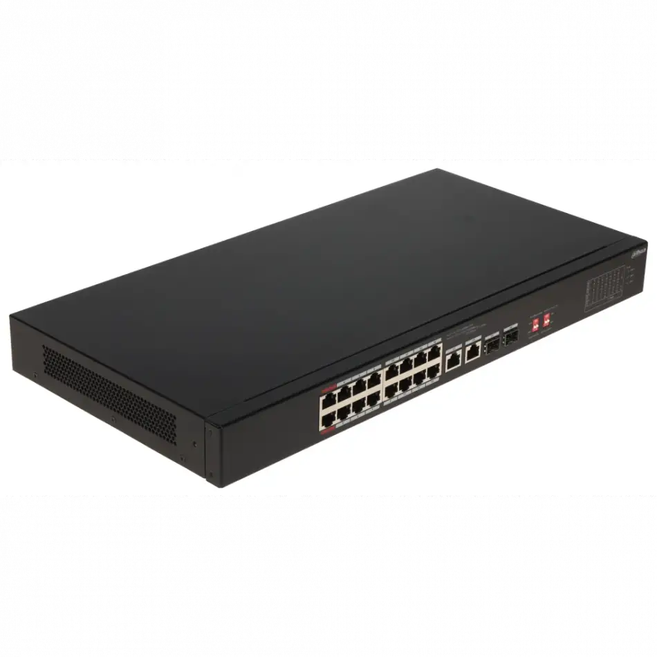 Dahua S3218-16et-135, 16 Port, Megabit, Poe 135w, 2 Port Gigabit Uplink, 2 Port Gigabit Sfp, Longe Range 250mt, Yönetilemez, Rack Mount Switch