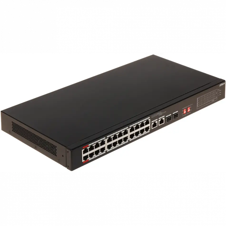Dahua S3226-24et-240, 24 Port, Megabit, Poe 240w, 2 Port Gigabit Uplink, 2 Port Gigabit Combo Sfp, Longe Range 250mt, Yönetilemez, Rack Mount Switch