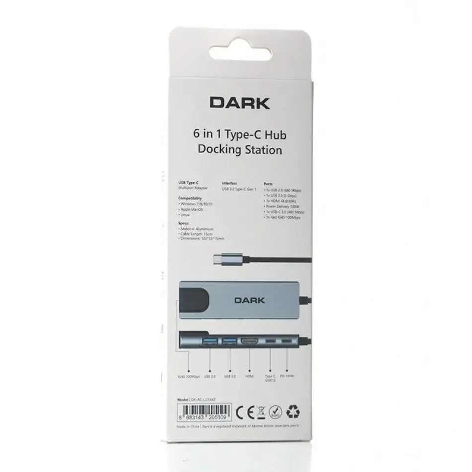 Dark Dk-ac-u31x47 Tip-c=>100w Rj45+hdmı+usb3.0usb-