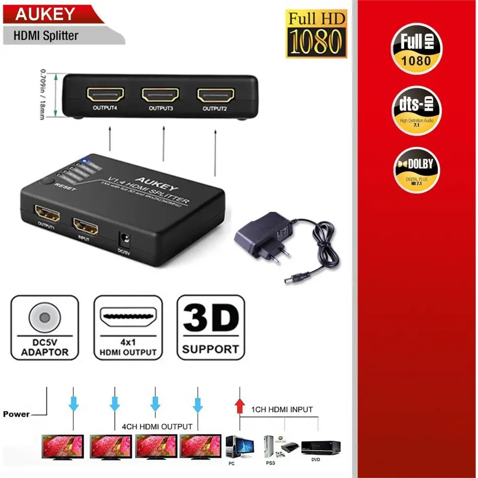 Daytona Aukey Ha-h02 4lü Hdmı Çoklayıcı,fhd 4k/3d
