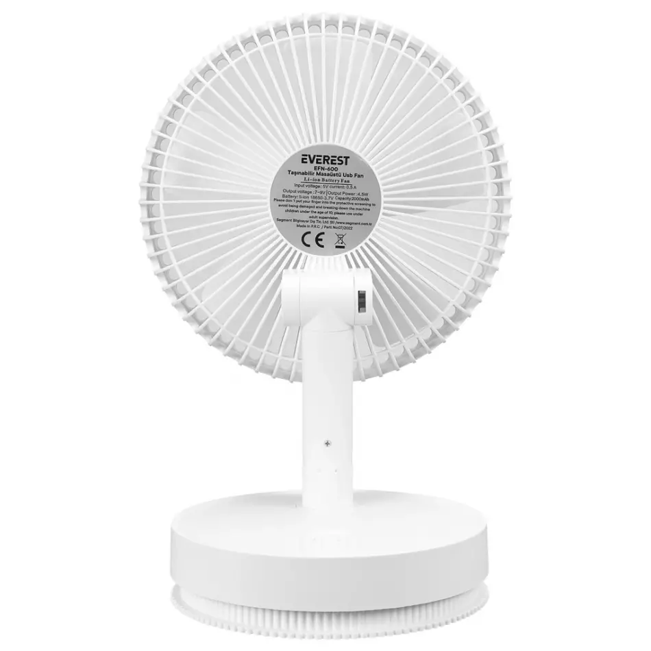 Everest Efn-600, Beyaz, 4 Kademeli Hız, Masaüstü Kullanım, Taşınabilir, Dahili 2000mah Bataryalı, Usb Şarj Girişli, Kumandalı, Vantilatör