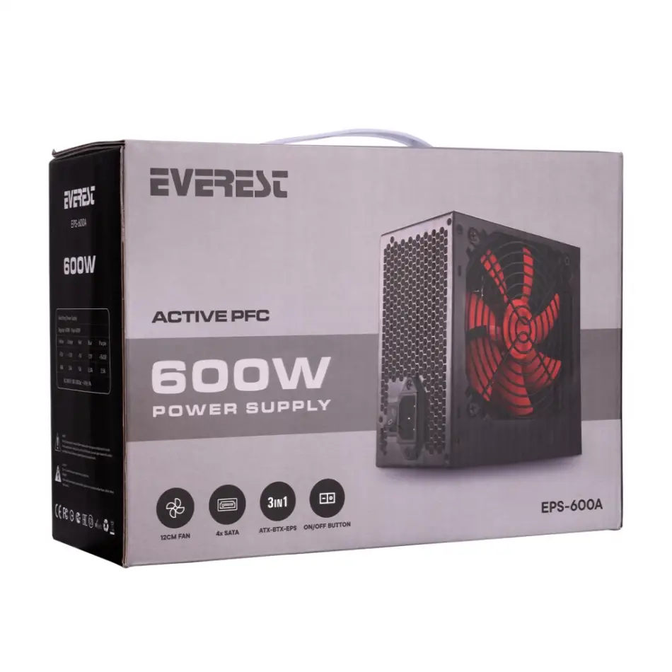 Everest Eps-600a, Peak 600w, 12cm Fan, Atx, Aktif Pfc, Gamıng Power Supply (psu)