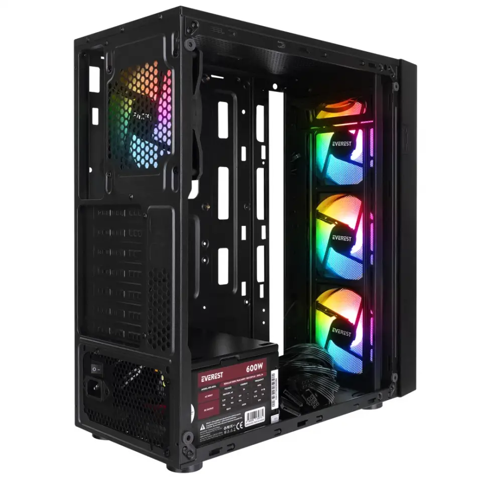 Everest Faced-v5, Mesh, 600w, 4x12cm Sabit Rainbow Fan, Temperli Cam Yan Panel, Atx, Gamıng Kasa