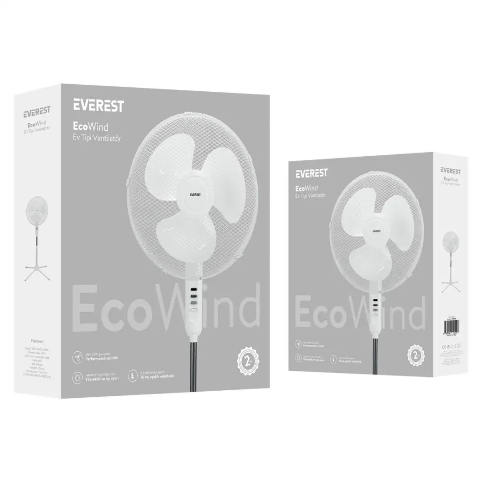 Everest Fan10, Beyaz, Ecowind, 3 Kademeli Hız, 40cm 3 Kanat Pervane Ve Çerçeve, 45w, Otomatik Salınım, Yükseklik Ayarlı Vantilatör