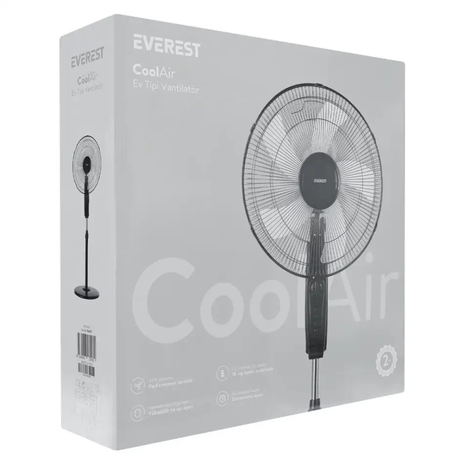 Everest Fan11, Siyah, Coolair, 3 Kademeli Hız, 40cm 5 Kanat Pervane Ve Çerçeve, 45w, Otomatik Salınım, Yükseklik Ayarlı Vantilatör