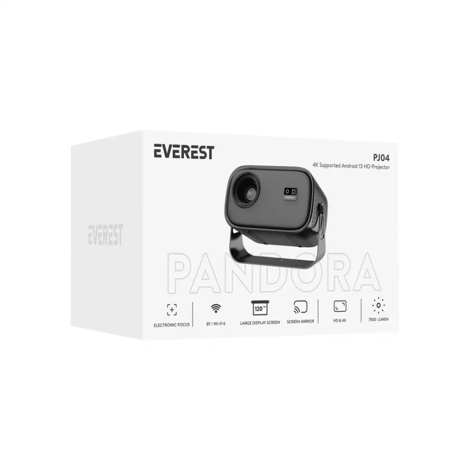 Everest Pj04, 250 Led Lümen, 1280x720, 1xhdmı, 1xusb, Wifi 6, Bluetooth, 30.000 Saat Led Ömrü, 1.5w Speaker, Android 13, 4k Destekli Projeksiyon Cihazı
