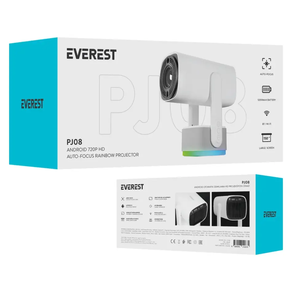 Everest Pj08, Beyaz, 150 Led Lümen, 1280x720, 1xhdmı, 1xusb, Wifi, Bluetooth, 30.000 Saat Led Ömrü, 6w Speaker, 5200mah Batarya, Taşınabilir, Android 11, 4k Destekli Projeksiyon Cihazı