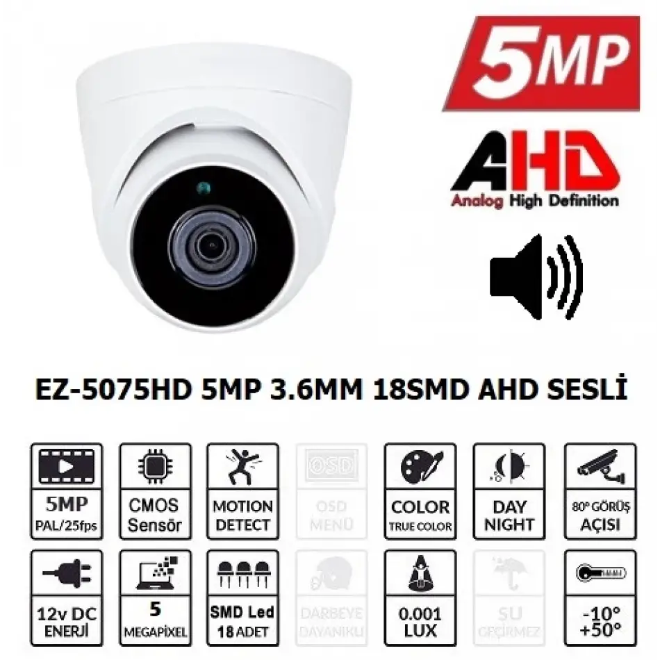 Ezcool Ez-5075hd 5mp 3.6mm Smd Ahd Sesli Dome Kamera