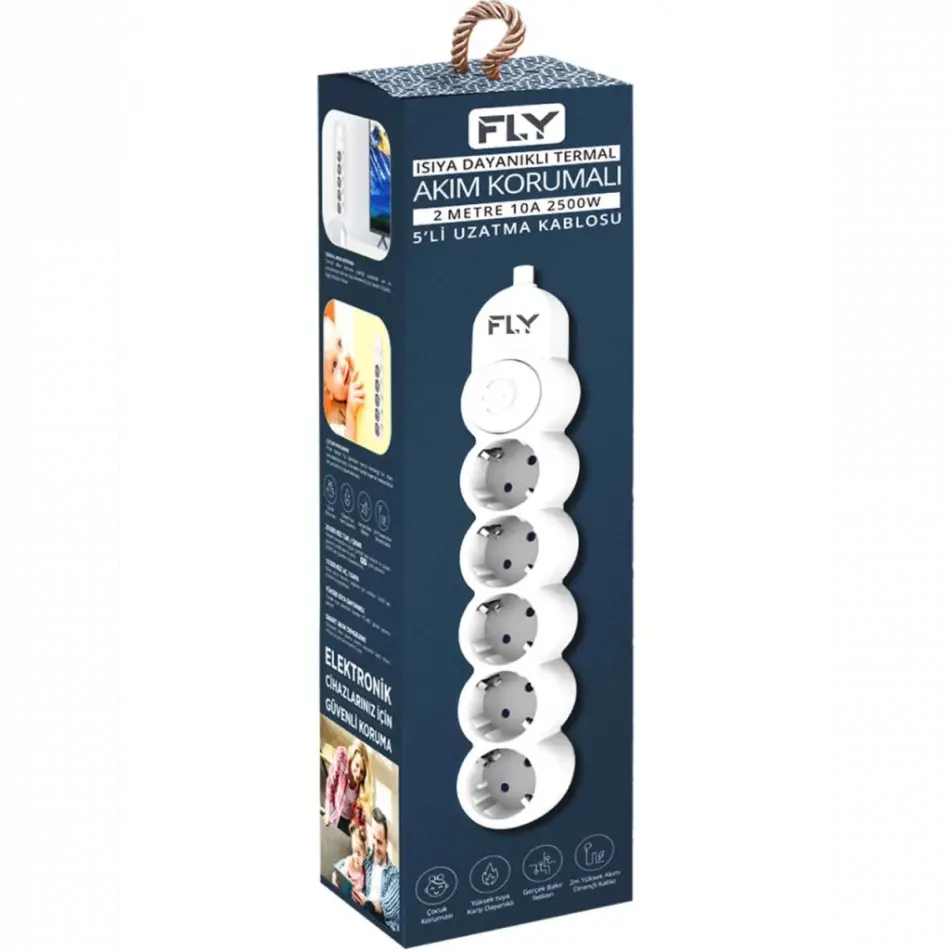 Fly 3394-01, 5 Soket, Akım Korumalı Priz, 2.1a, Anahtarlı, 2mt Kablo, (beyaz)