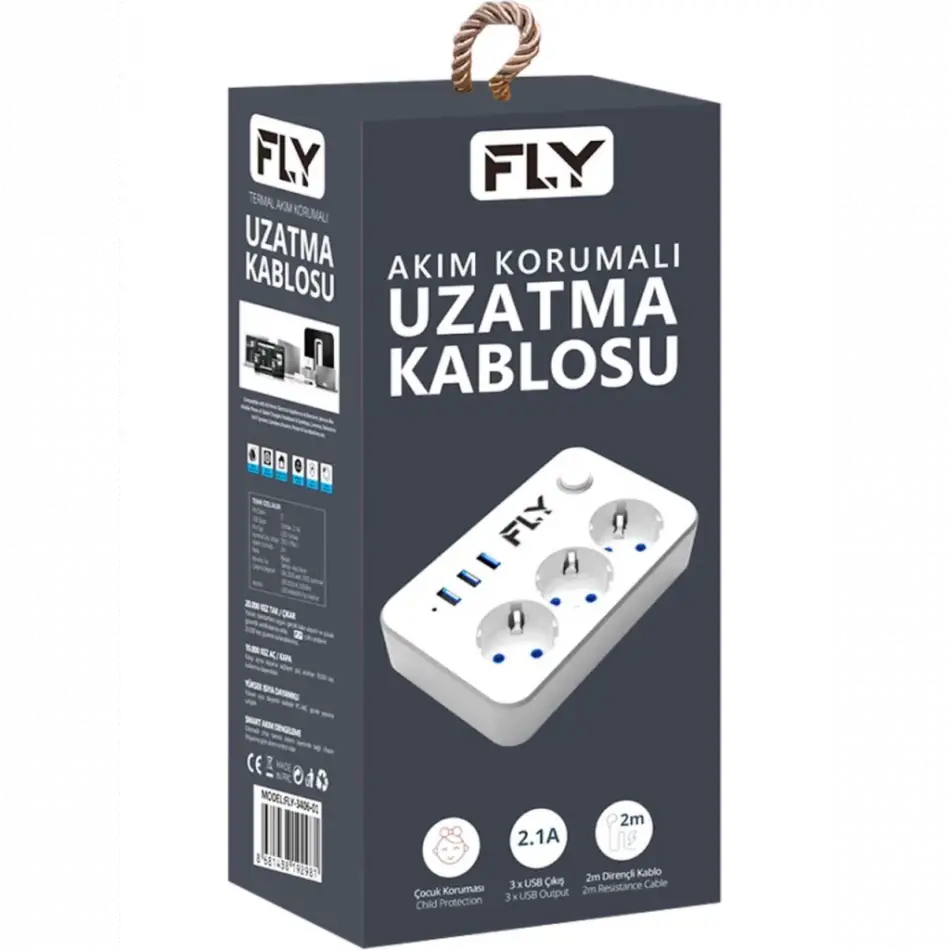 Fly 3406-01, 3 Soket, 3 Usb, Akım Korumalı Priz, 2.1a, Anahtarlı, 2mt Kablo, (beyaz)