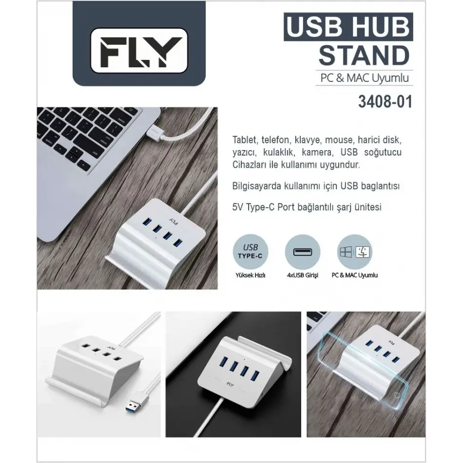 Fly-3408-01 Tip-c 4lü  Usb Şarj  Standı ,pc-mac
