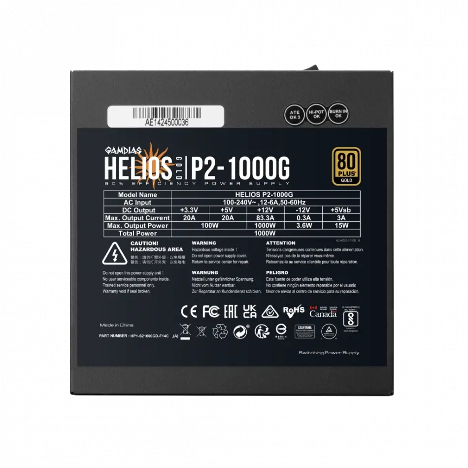 Gamdıas Helıos P2-1000g, 1000w, 80+ Gold, Full Modüler, Aktif Pfc, Gamıng, Atx, Power Supply (psu)