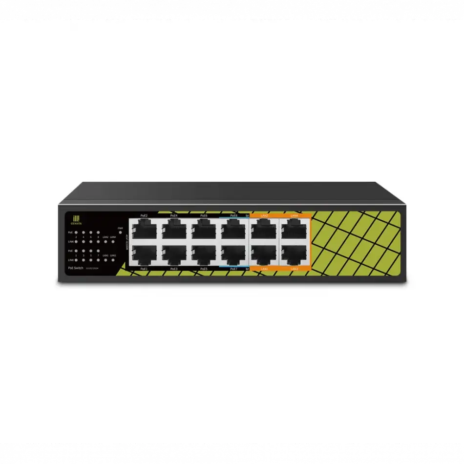 Genata Gnt-es12ud-p, 8 Port, Megabit,  Poe 60w, 4 Port Uplink Gigabit, Yönetilemez, Masaüstü Switch