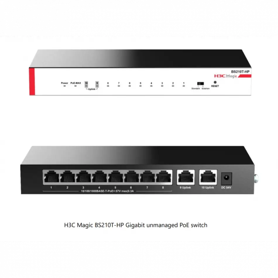 H3c Magic Bs210t-hp, 10 Port, Gigabit, 8 Port Poe, 110w, +2 Port Gigabit Uplink, Metal Kasa, Yönetilemez, Masaüstü Switch