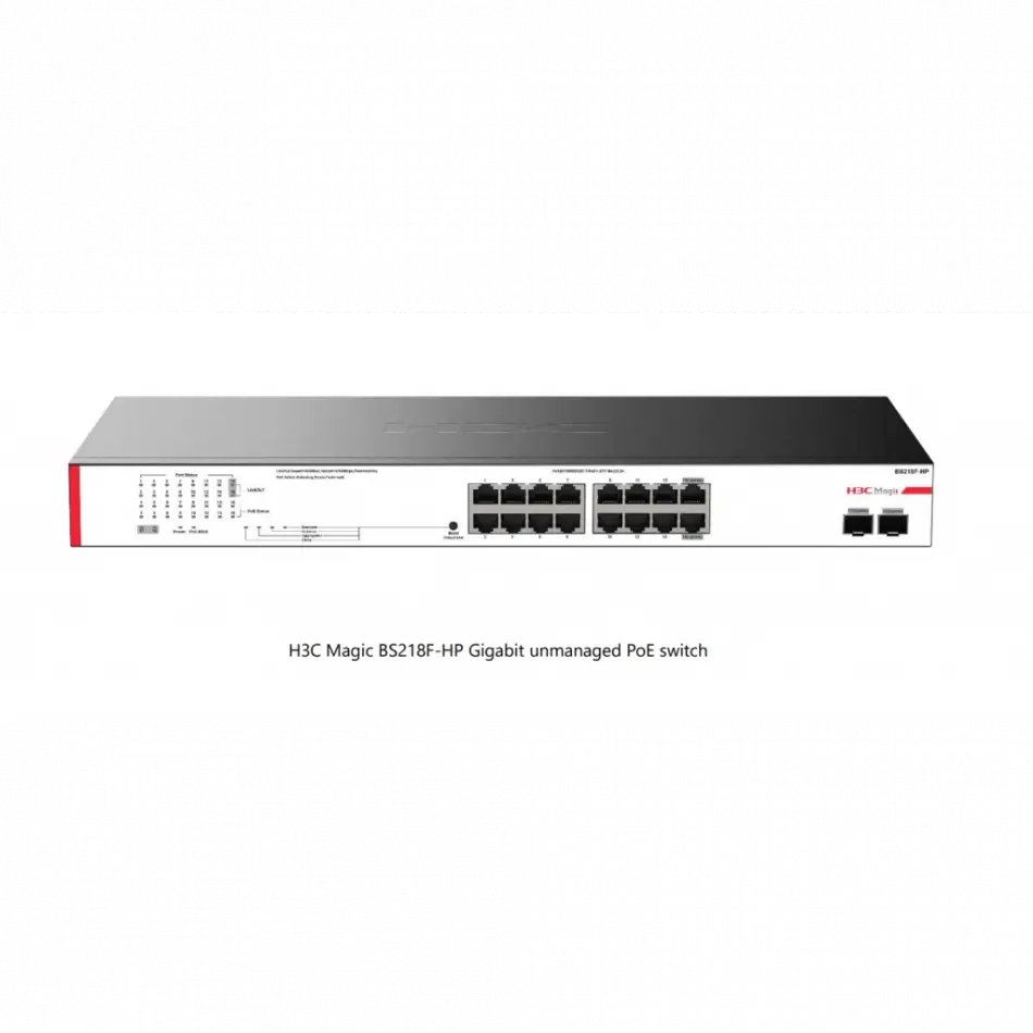 H3c Magic Bs218f-hp, 18 Port, Gigabit, 16 Port Poe, 225w, 2 Port Gigabit Uplink, +2 Port Gigabit Sfp, Metal Kasa, Yönetilemez, Rack Mount Switch
