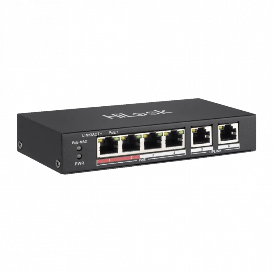 Hılook Ns-0106p-35(b), 4 Port, Megabit, Poe 60w, 2 Port Megabit Uplink, Long Range 250metre, Yönetilemez, Masaüstü Switch