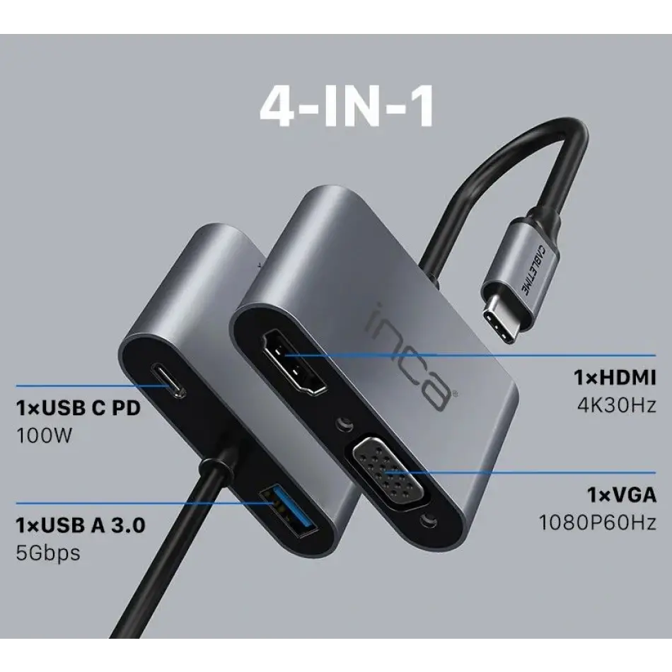 Inca Itpc-06t  15cm Tip-c=>hdmı+vga+usb Hub