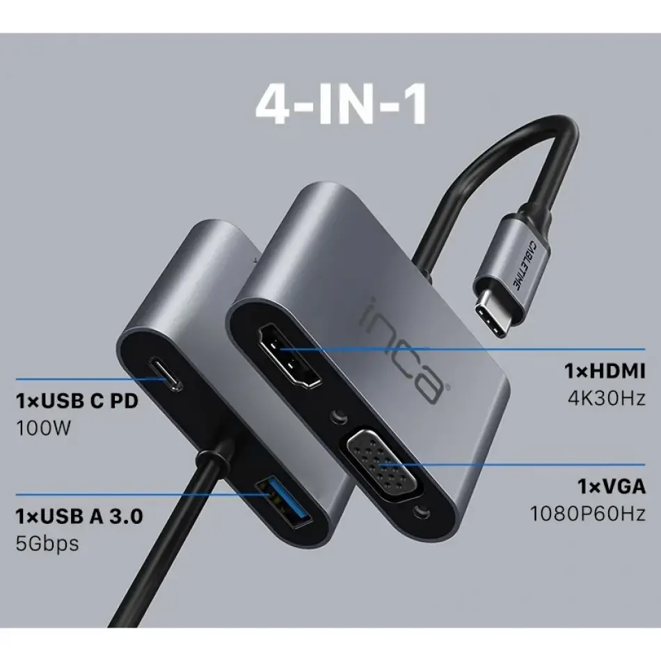 Inca Itpc-06t Type-c Hub X4 Hdmı 4k@30 Hz+ Vga+ Usb 3.0+pd 100w Alumınyum Kasa Çoklayıcı