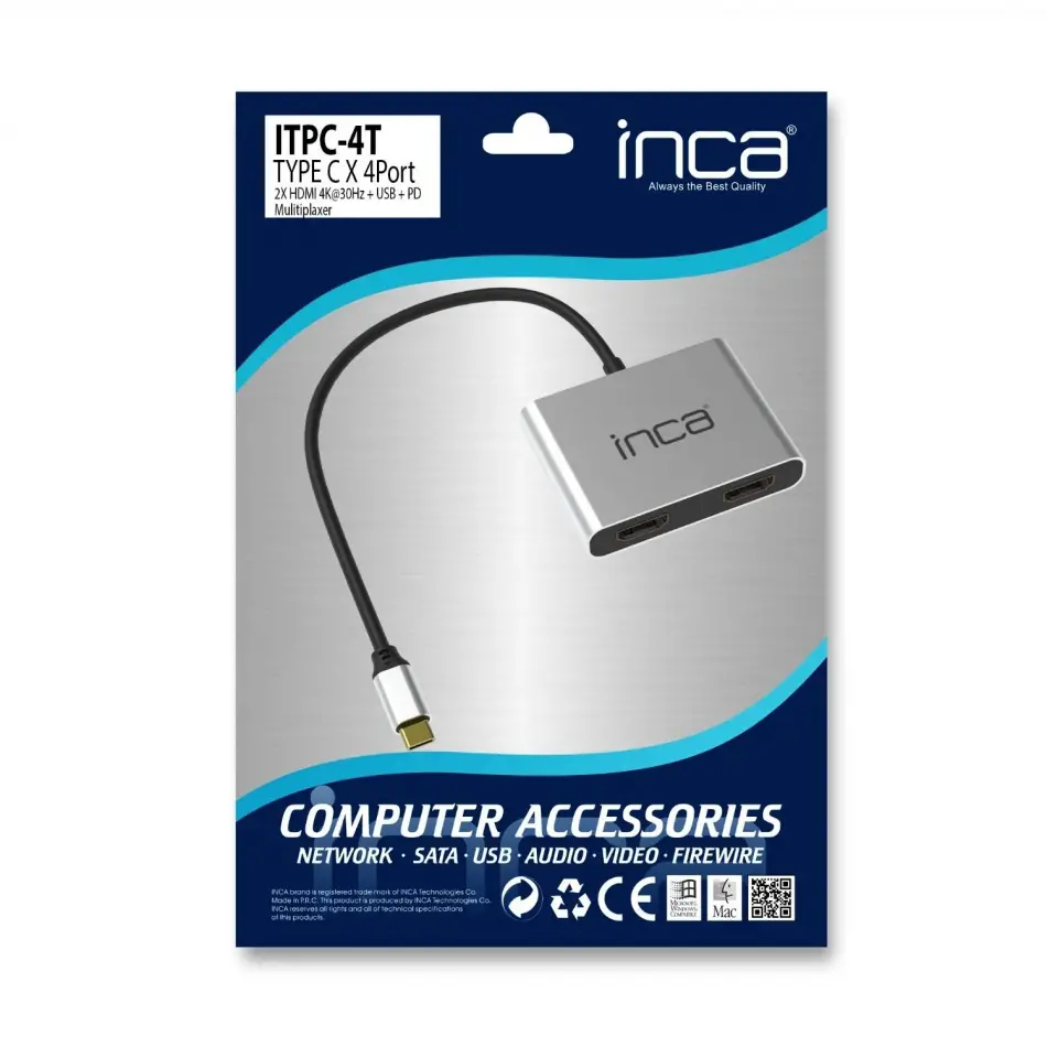 Inca Itpc-4t Type-c Hub; 4hdmı 4k@30hz+usb2.0,pd