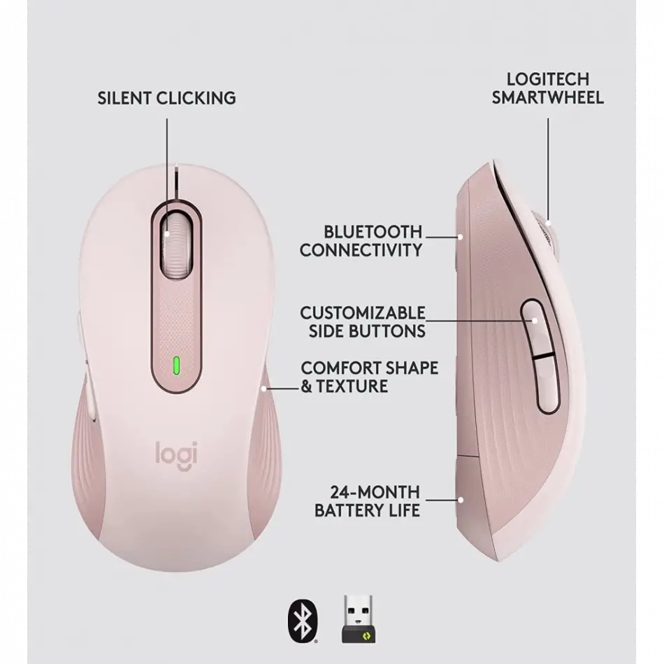 Logıtech 910-006254, M650 Signature, Rose, Sağ El, Usb Nano 2,4g Kablosuz, 4000dpi, Optik, 5 Tuşlu, 24ay Pil Ömrü, Sessiz Mouse