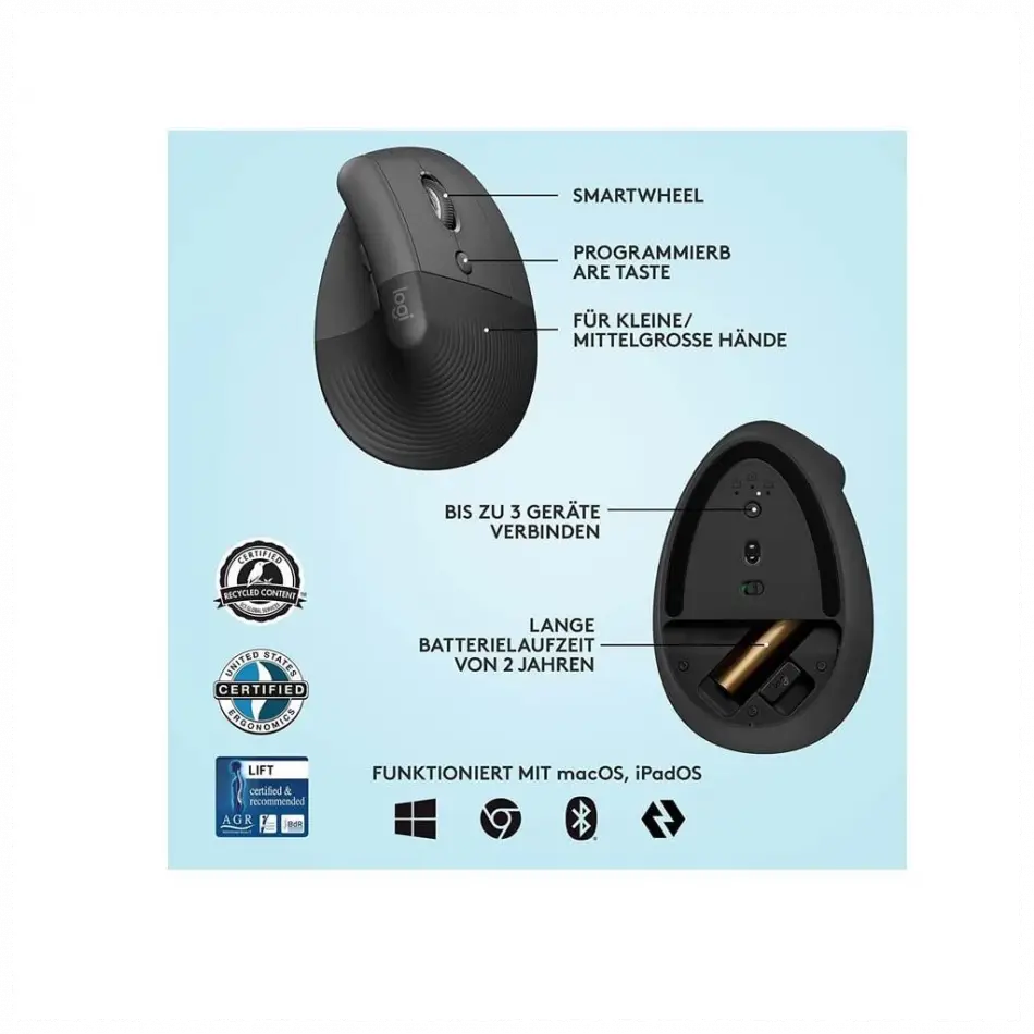 Logıtech 910-006473, Lıft Siyah,  Bluetooth, 1000dpi, Optik, 6 Tuşlu, Kablosuz, Mouse