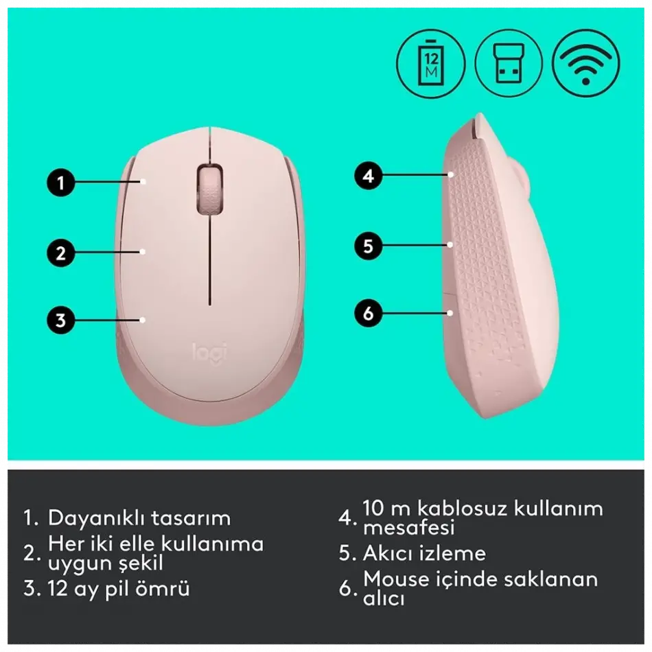 Logıtech 910-006865, M171 Rose, Usb Nano 2,4g Kablosuz, 1000dpi, Optik, 3 Tuşlu, 12ay Pil Ömrü, Mouse