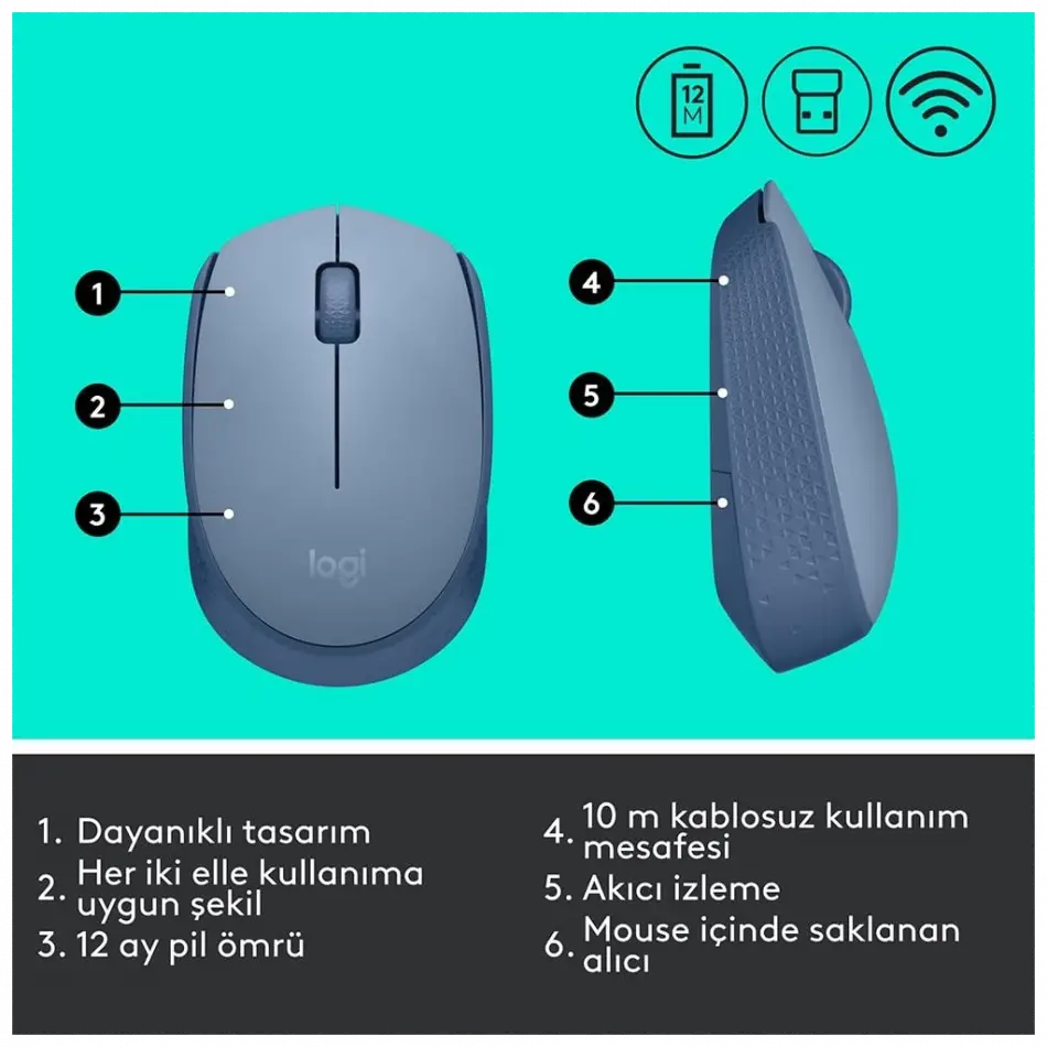 Logıtech 910-006866, M171 Bluegrey, Usb Nano 2,4g Kablosuz, 1000dpi, Optik, 3 Tuşlu, 12ay Pil Ömrü, Mouse